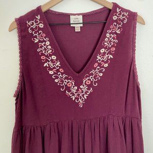 Knox Rose Plum Sleeveless Shirt with Embroidery and Tiered Waist XXL Women's